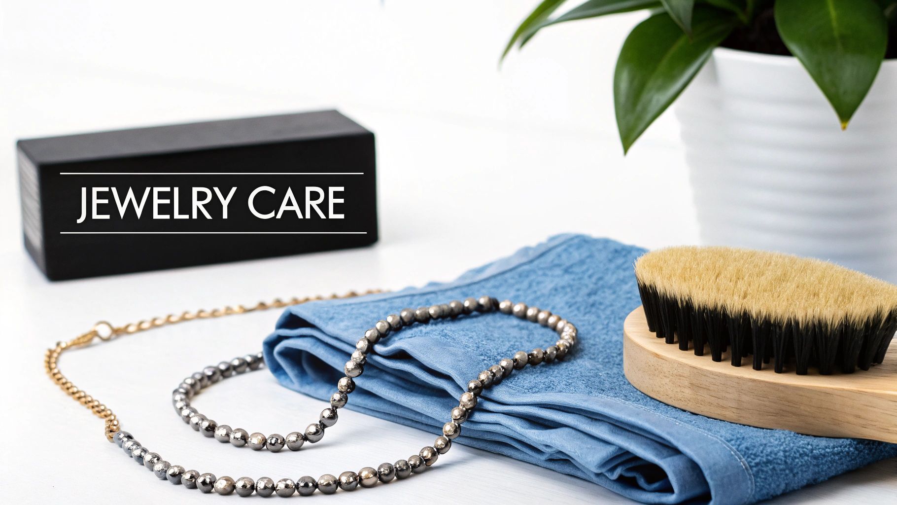 A close-up of a woman's hands with Southwestern-style jewelry, cleaning a silver bracelet with a soft cloth.