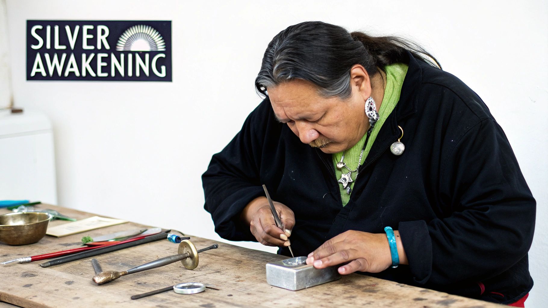 Navajo silsvmith at work, shaping a piece of silver jewelry