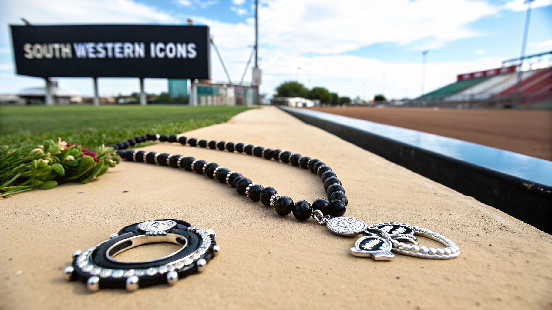 A collection of Southwestern boho jewelry, including a squash blossom necklace and concho belt, laid out on a dark surface
