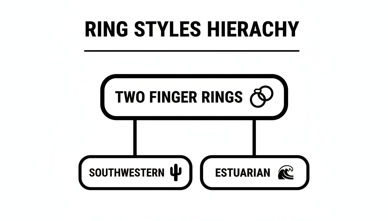 A black and white hierarchy chart illustrating ring styles: Two Finger Rings, Southwestern, and Estuarian.