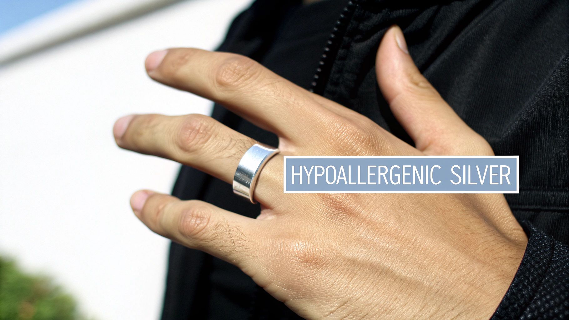 Southwestern-style sterling silver ring with a large turquoise stone, representing hypoallergenic jewelry.