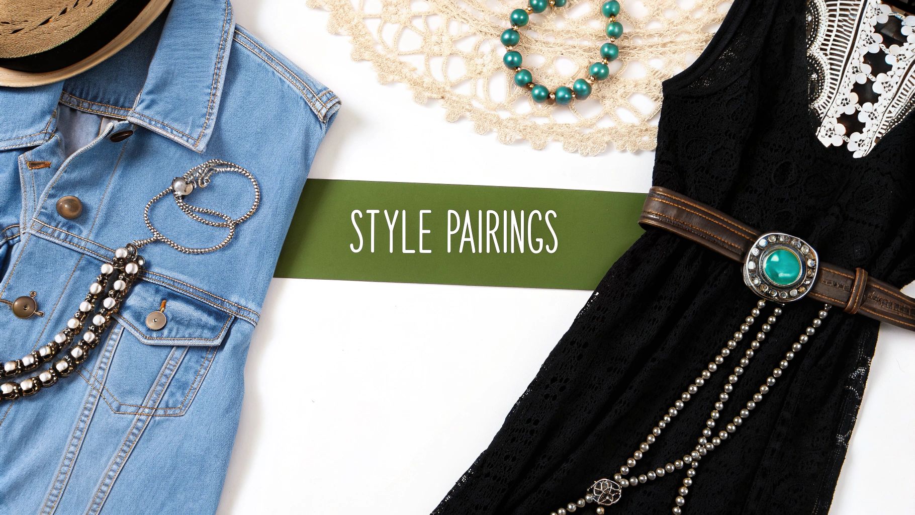 A flat lay displays two women's festival-inspired outfits: a denim vest with pearls and a black lace dress with a turquoise belt.