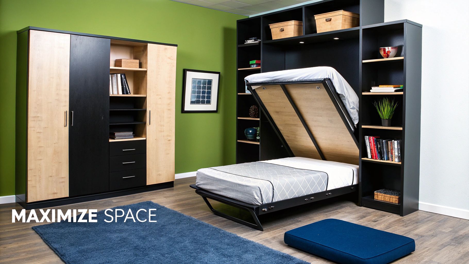 Space-saving bedroom with a black Murphy bed, wooden wardrobe, integrated shelves, and blue rug.