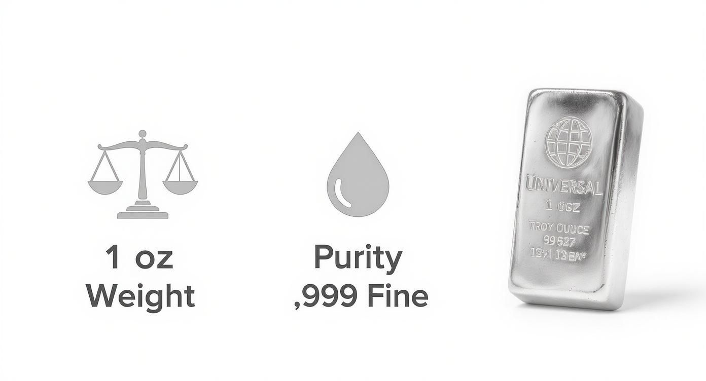One ounce silver bar with scale icon showing weight and droplet icon indicating 999 fine purity