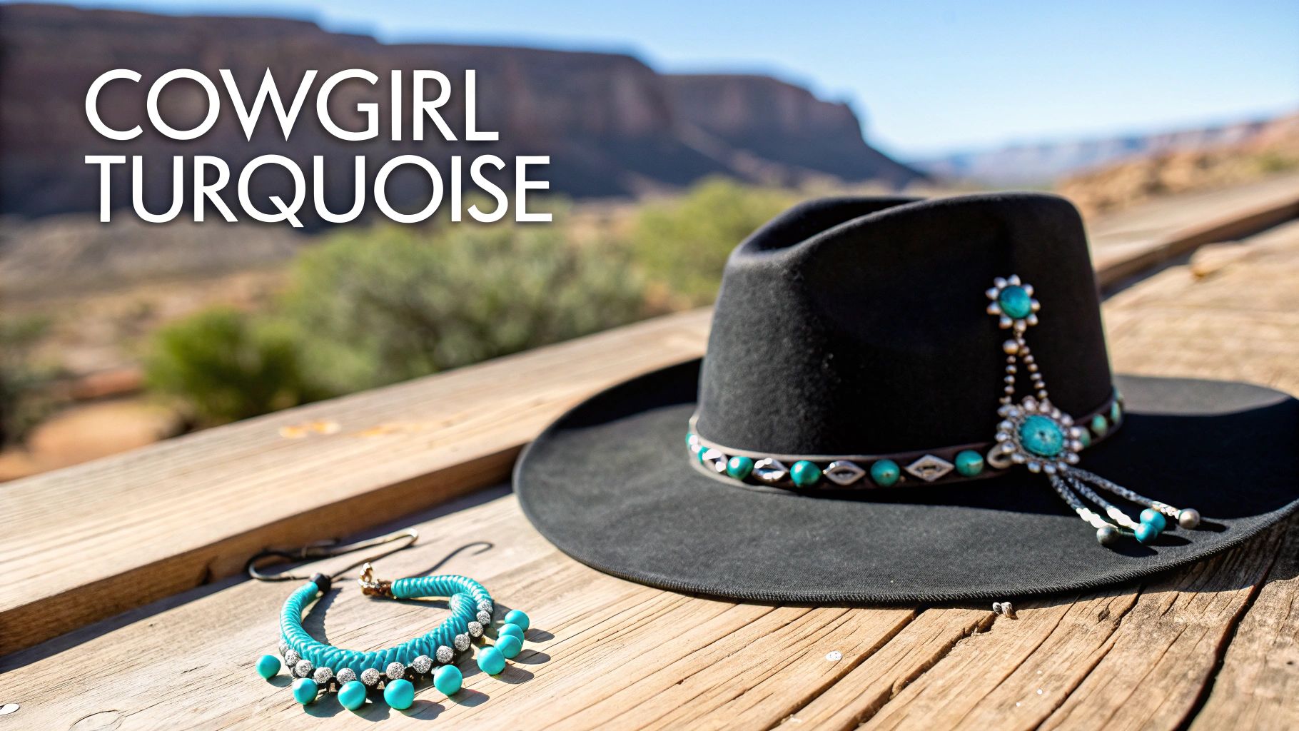 Cowgirl turquoise jewelry against a red rock canyon backdrop