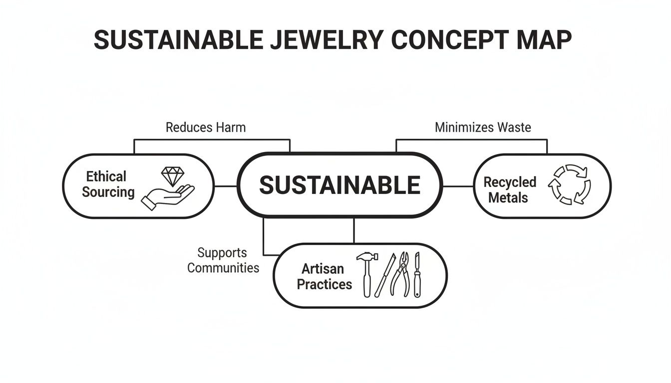 A concept map illustrating sustainable jewelry principles, including ethical sourcing, recycled metals, and artisan practices.