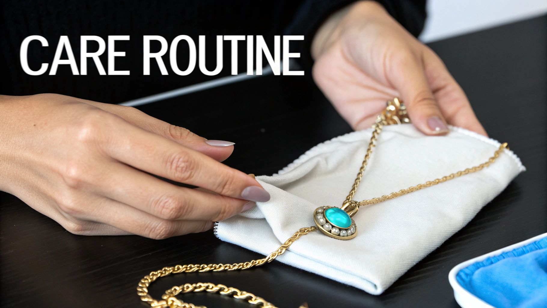 Hands cleaning gold plated necklace with turquoise pendant using white microfiber cloth care routine