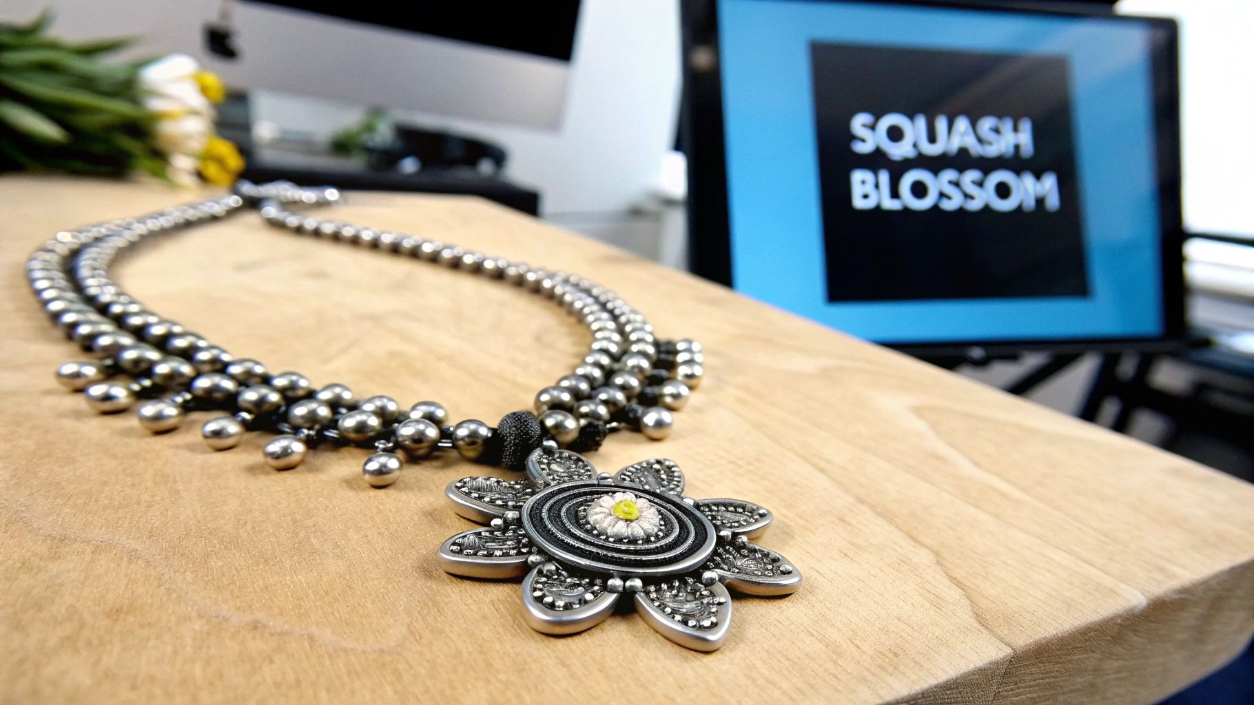 A detailed silver squash blossom necklace with a prominent floral pendant rests on a light wooden table.
