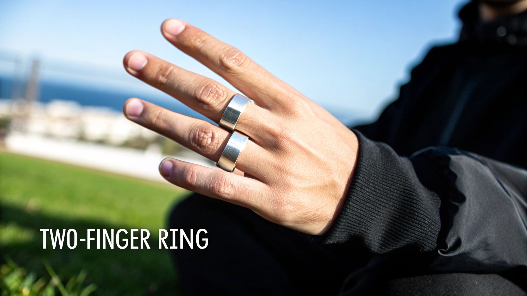A person's hand wearing two wide, shiny silver rings on two fingers, set against a blurred outdoor background of green grass, blue sea, and sky.