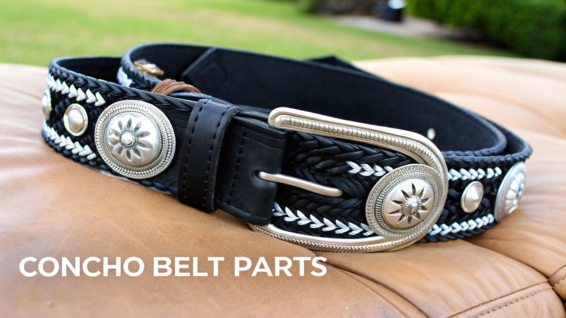Close-up of a black braided concho belt with silver buckles and ornate conchos on leather.