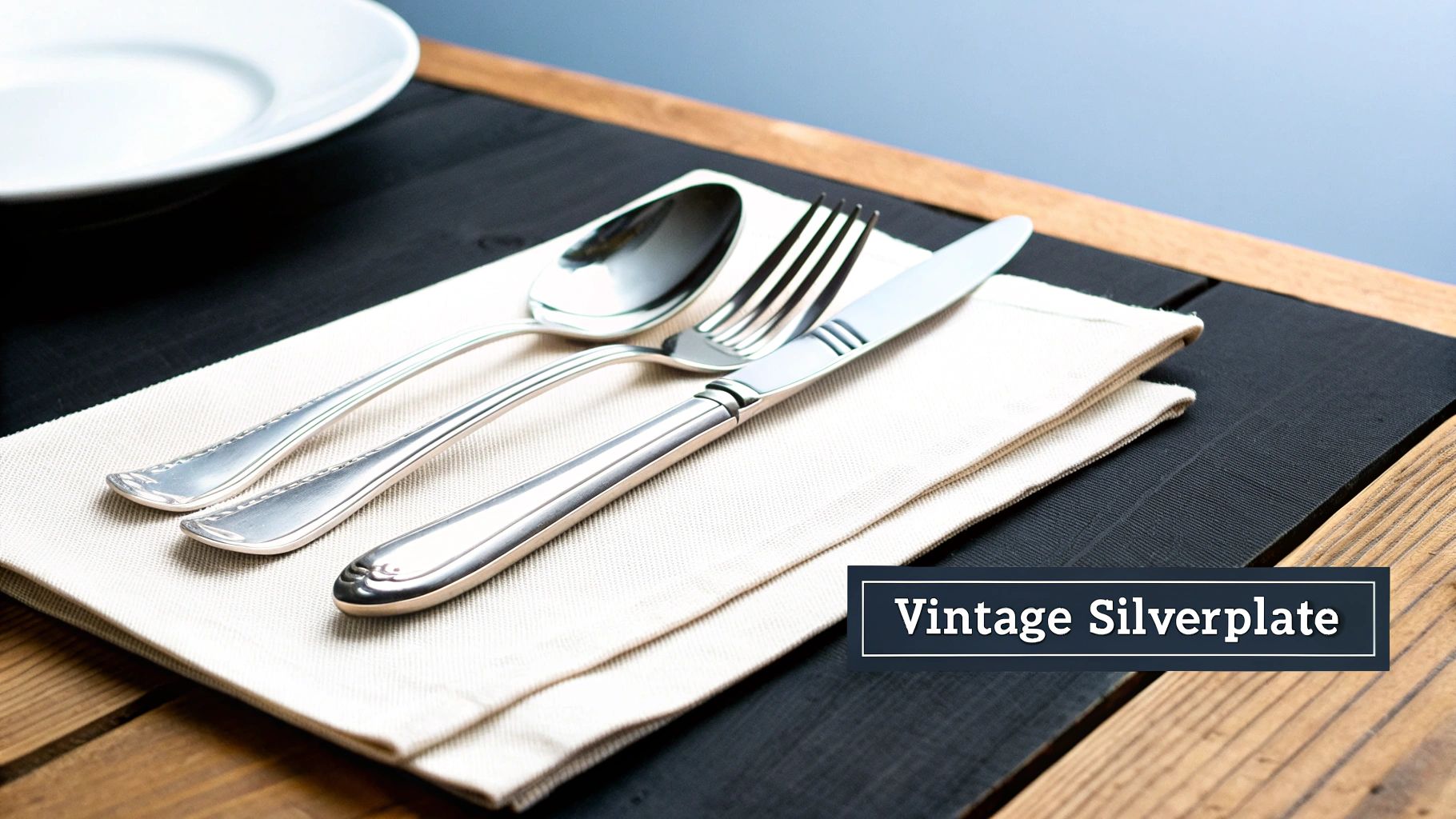 Elegant vintage silverplate cutlery set, including a spoon, fork, and knife, on a linen napkin.