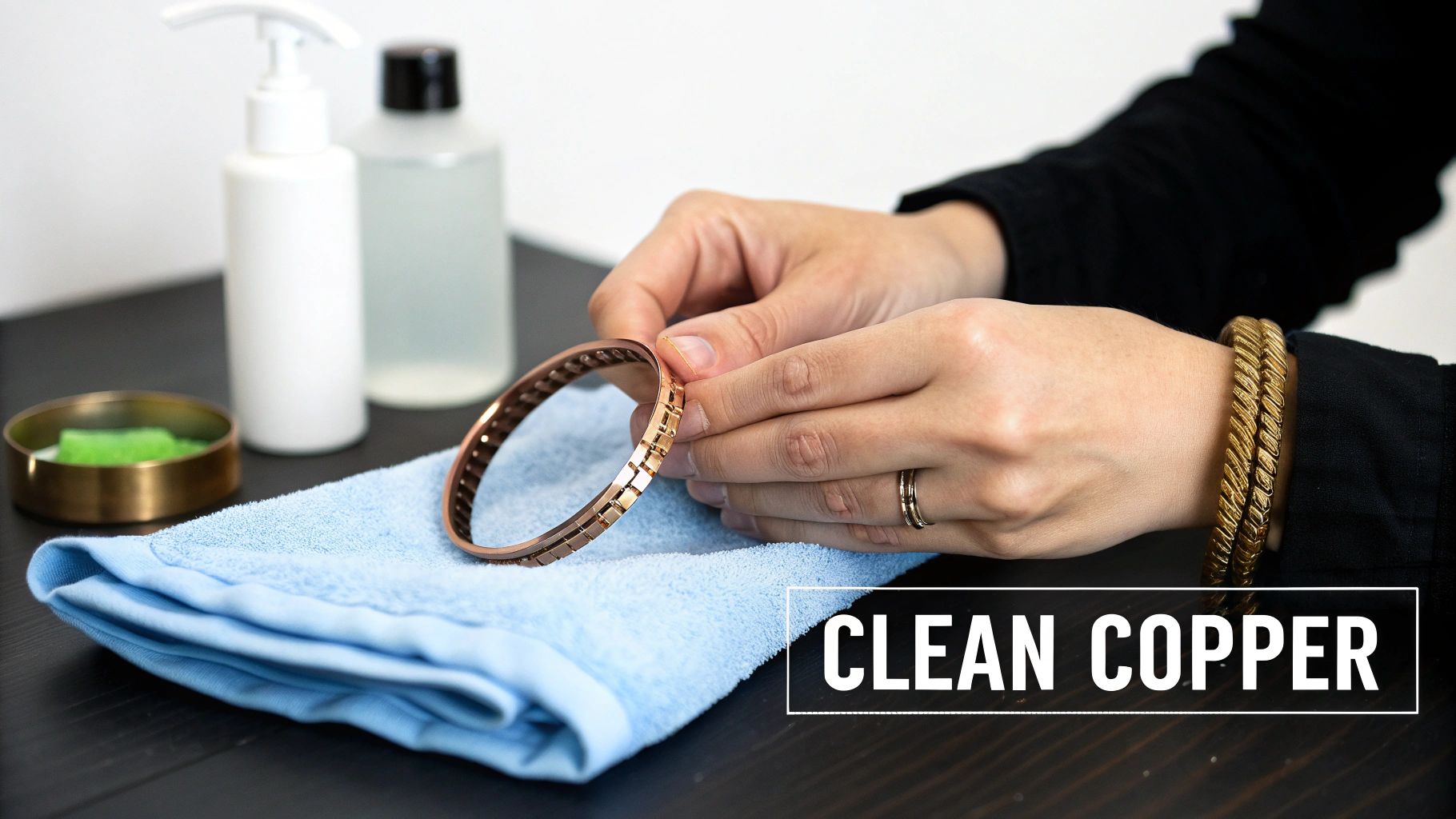 A collection of Southwestern copper jewelry pieces, including cuffs and rings, displayed on a textured, rustic surface.