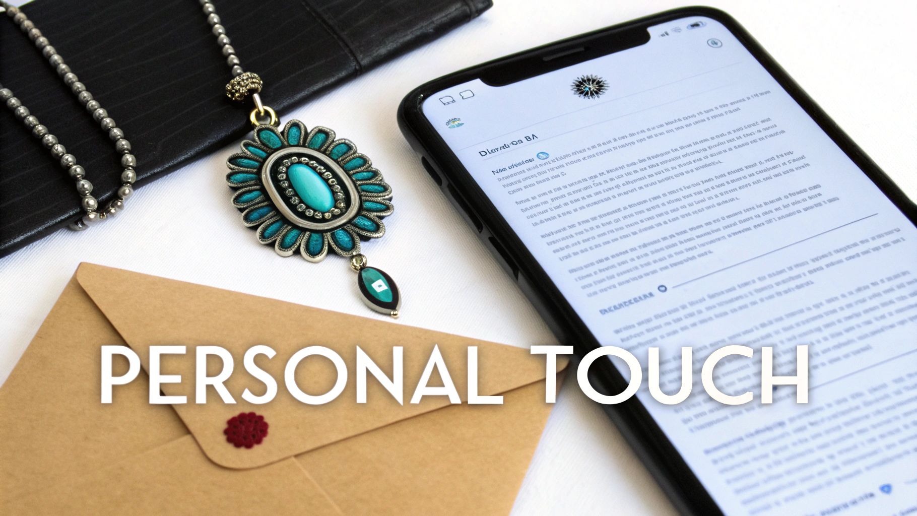 Overhead view of a smartphone, teal necklace, wallet, and a sealed envelope with 'PERSONAL TOUCH' text.