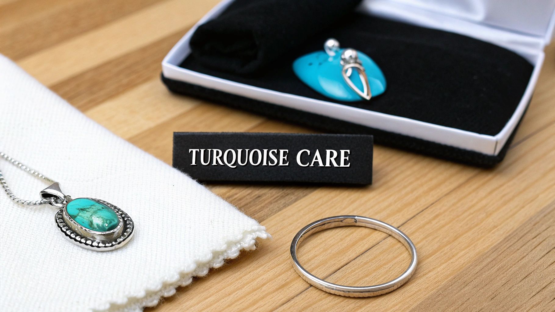 Turquoise necklace, pendant, and silver ring displayed with a 'TURQUOISE CARE' sign on wood.