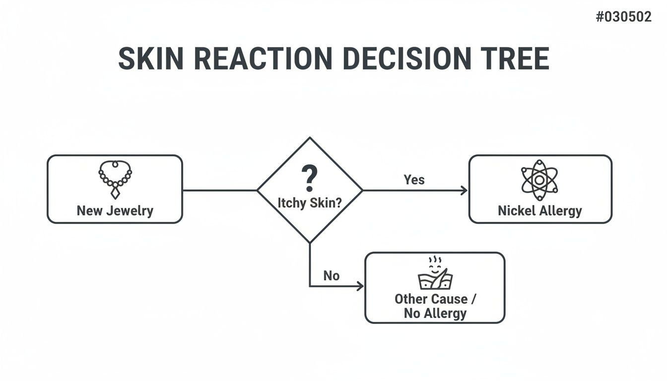 Decision tree for skin reactions, starting with new jewelry to identify nickel allergy or other causes.