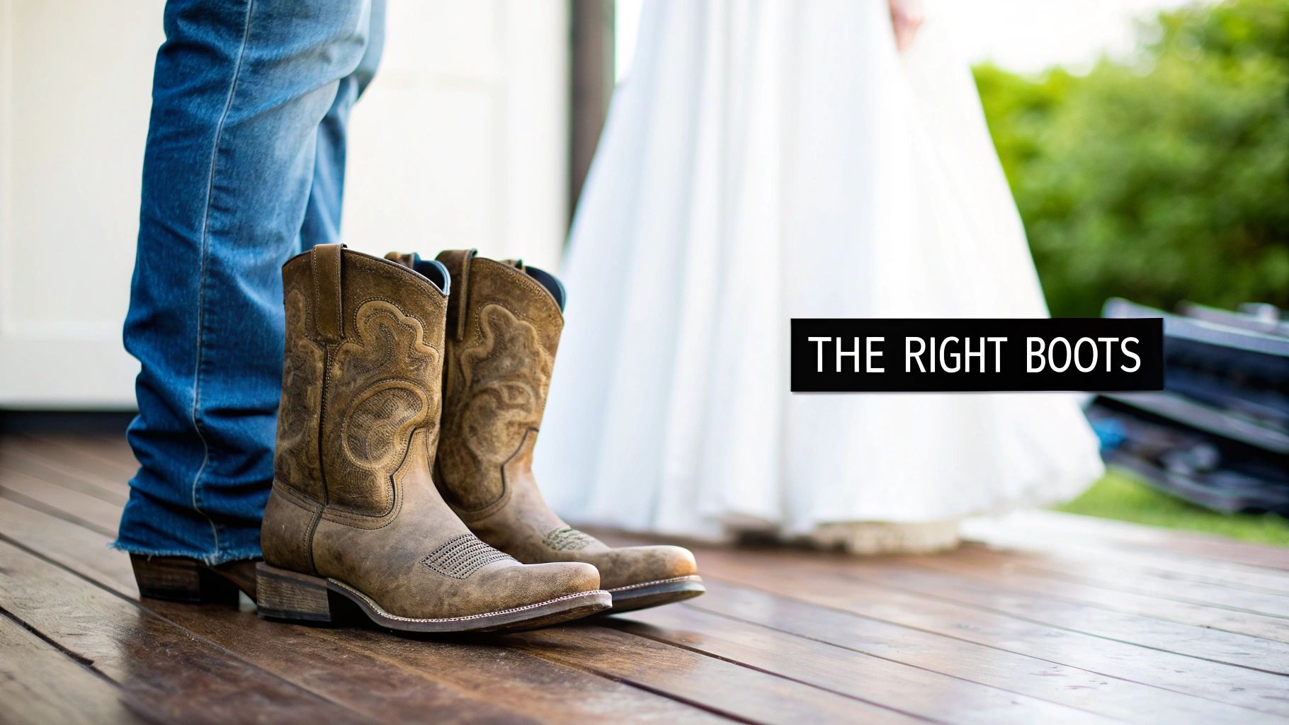 Brown cowboy boots on a wooden deck, a person in jeans, and a bride in a white dress.