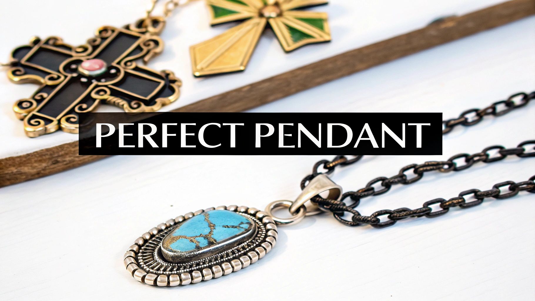 Assortment of unique pendants, including a black and gold cross, geometric, and a turquoise stone pendant.