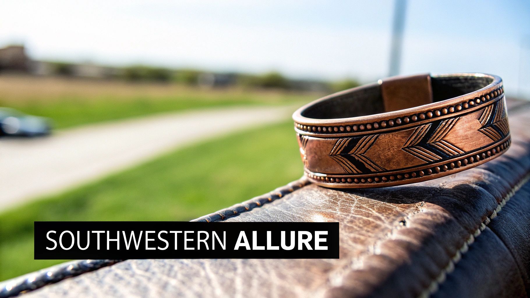 An artisan crafting a Southwestern-style copper bracelet, with tools and raw materials in the background.