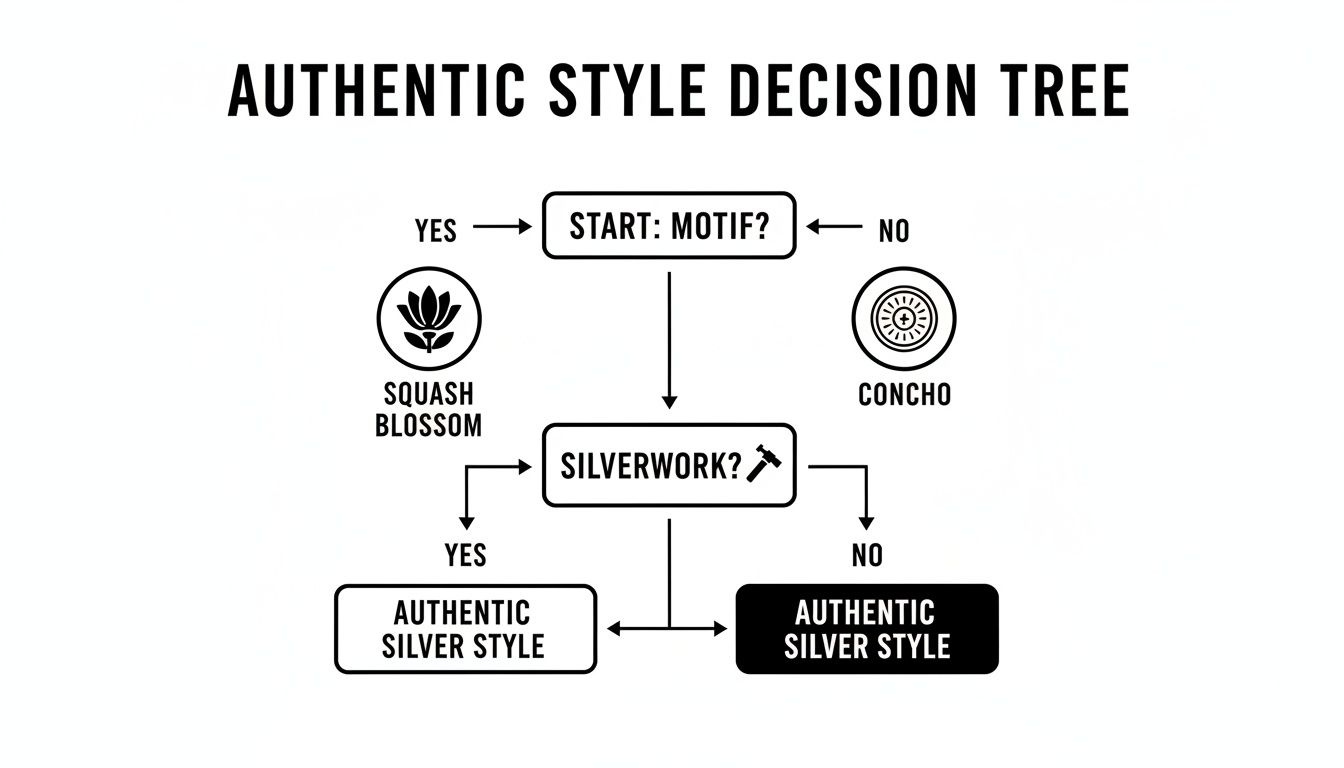 A decision tree diagram illustrating the elements for an authentic silver style, including motifs like squash blossom and concho, and silverwork.