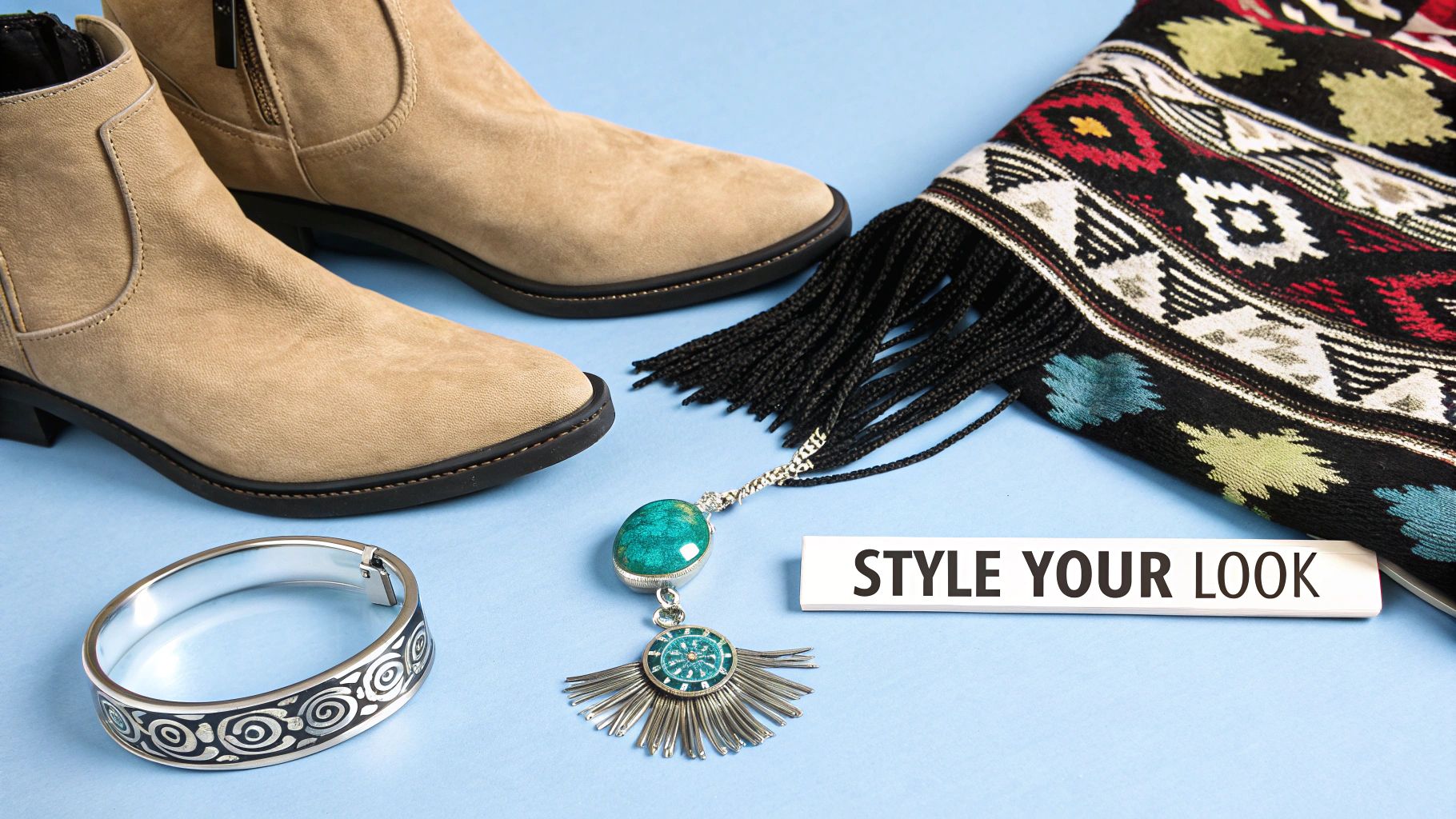 A woman wearing a mix of Southwestern jewelry, including a large turquoise ring and layered bracelets, embodying the cowgirl aesthetic.