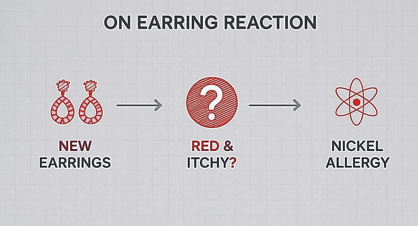 Infographic decision tree showing the path from new earrings to a potential nickel allergy if they cause redness and itching.