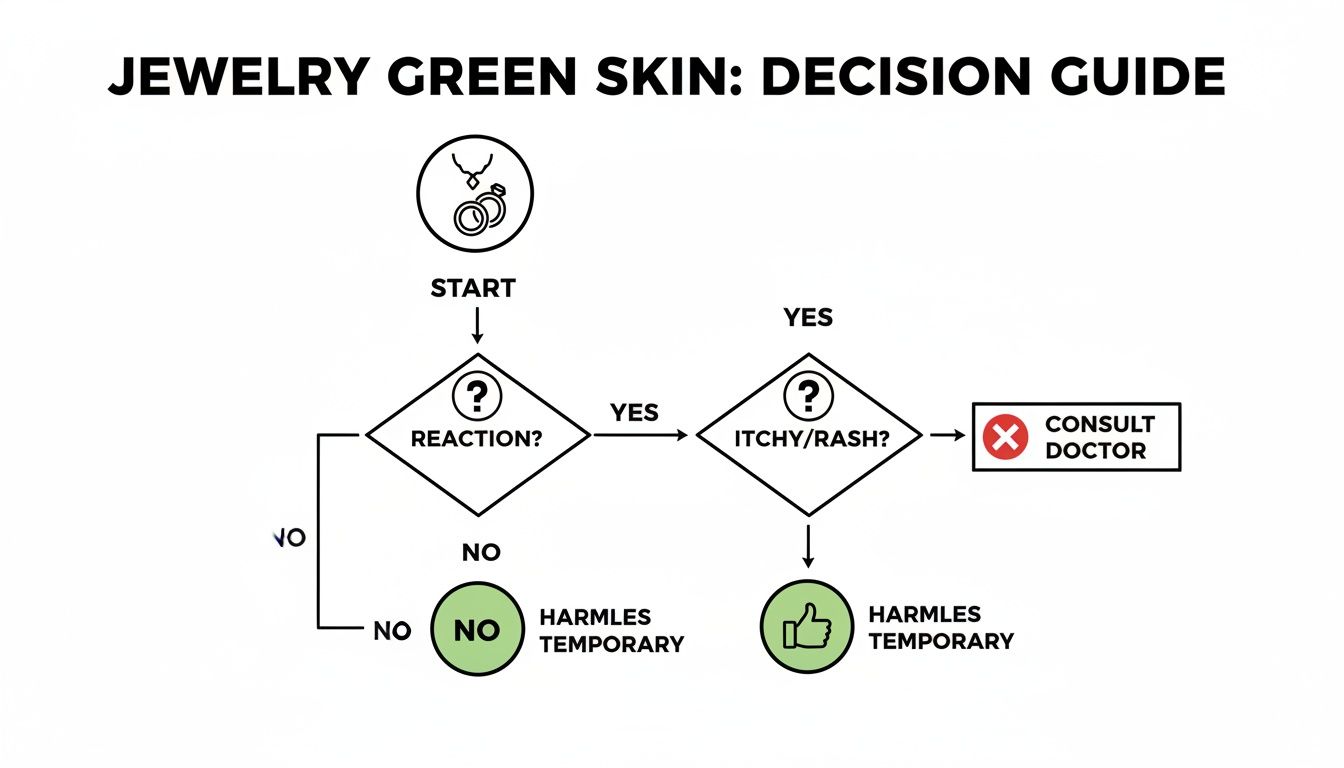 Flowchart decision guide explaining what to do if jewelry turns your skin green.