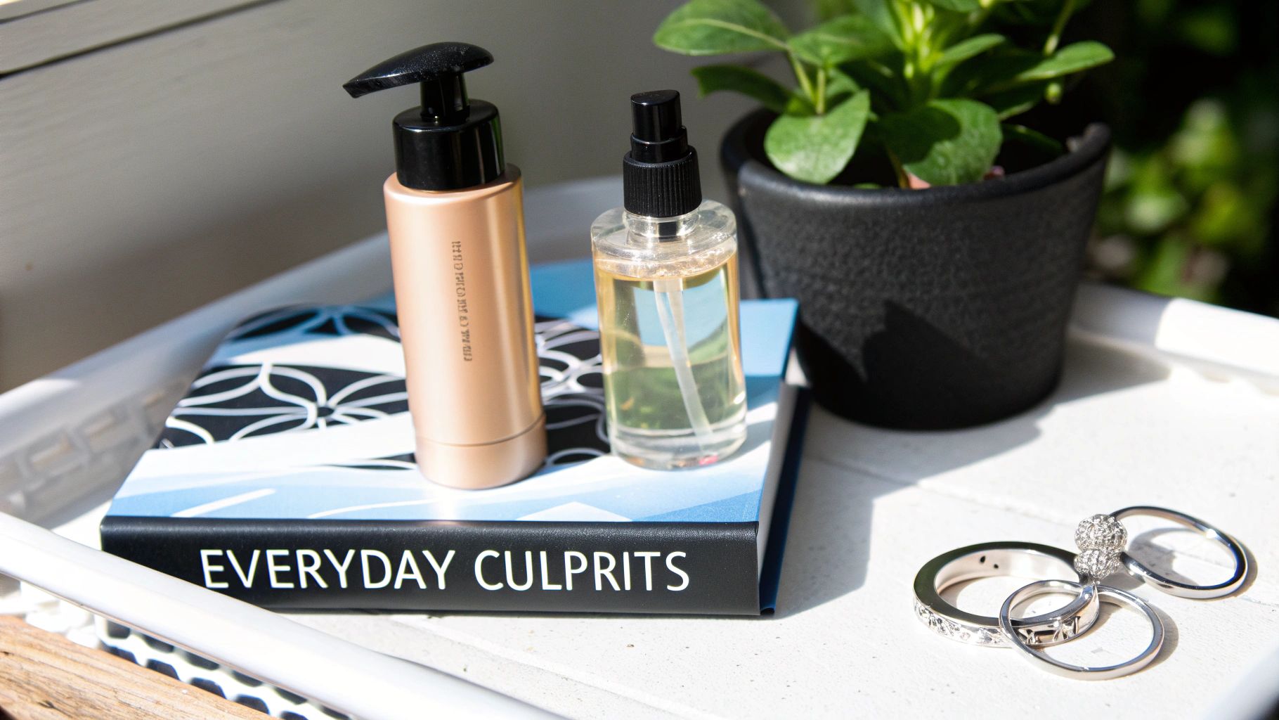 Everyday items like skincare bottles, a book, a plant, and rings on a white tray.