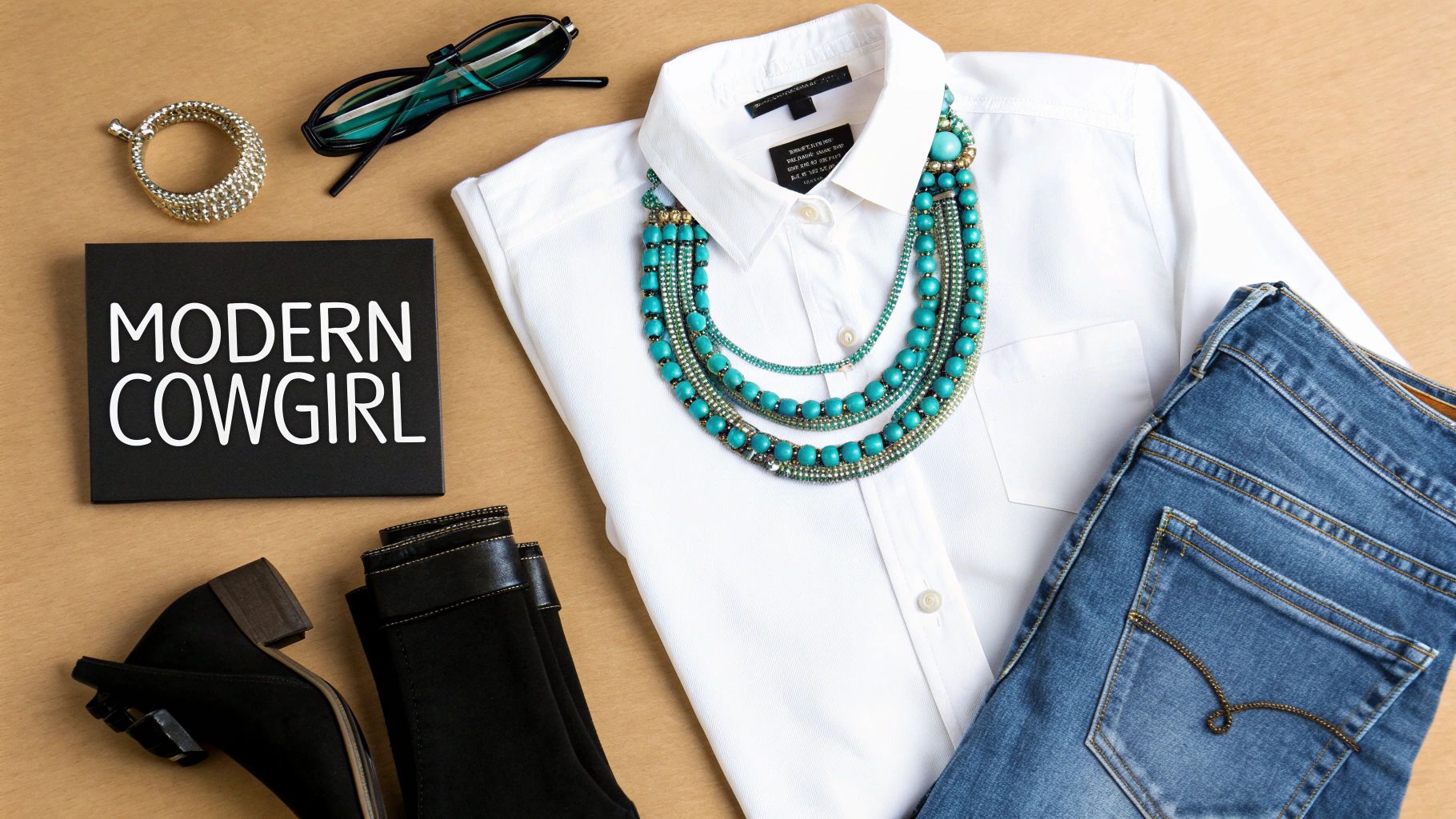 Overhead shot of a 'Modern Cowgirl' flat lay featuring a white shirt, jeans, turquoise jewelry, and black boots.
