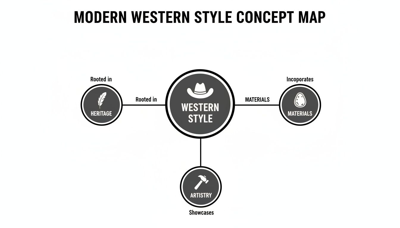 A concept map illustrating modern western style, rooted in heritage, incorporating materials, and showcasing artistry.