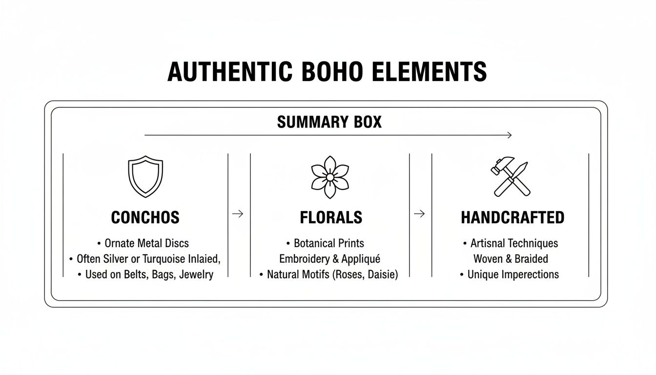 Infographic summarizing authentic boho elements: conchos, florals, and handcrafted items with descriptions.