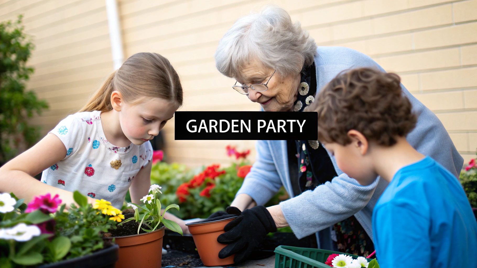 Grandmother and grandchildren planting flowers together in pots during garden party celebration