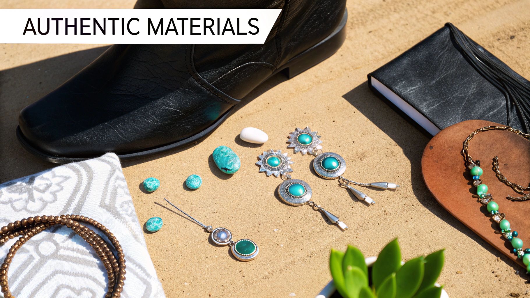 A flat lay of a black cowboy boot, turquoise and silver jewelry, and a notebook on sand, showcasing authentic materials.