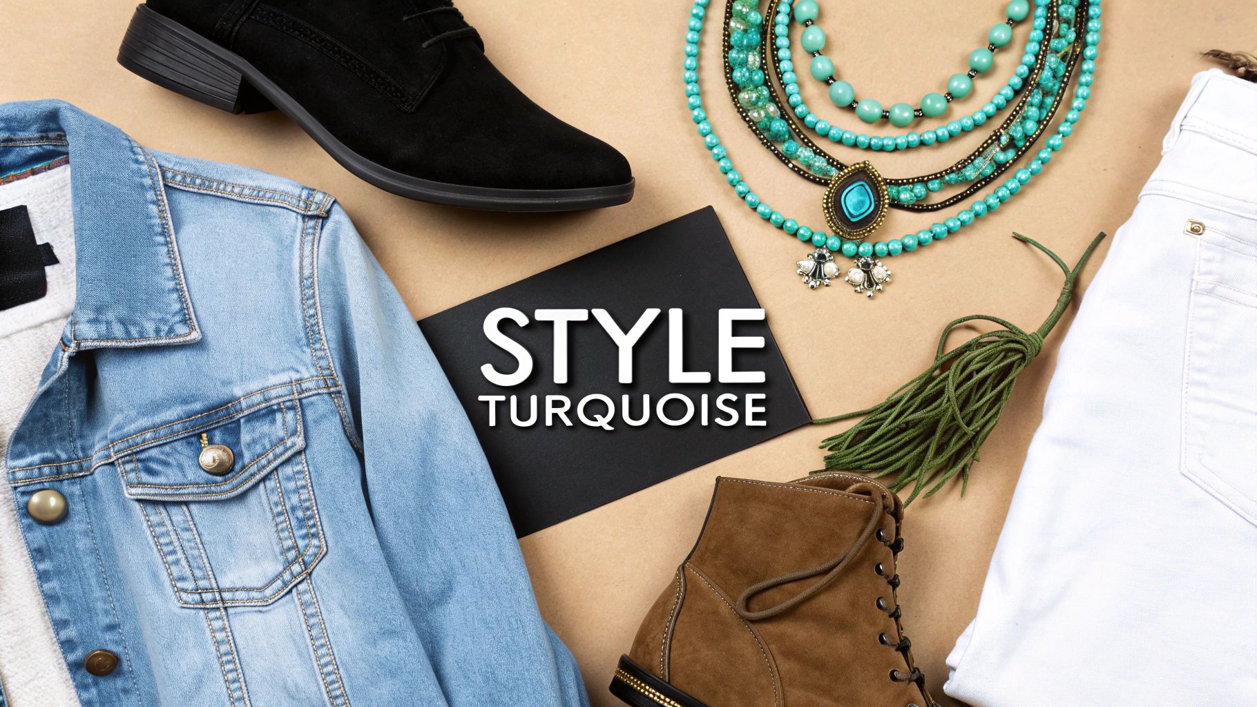 Overhead view of a turquoise fashion ensemble featuring a denim jacket, white jeans, boots, and a statement necklace.