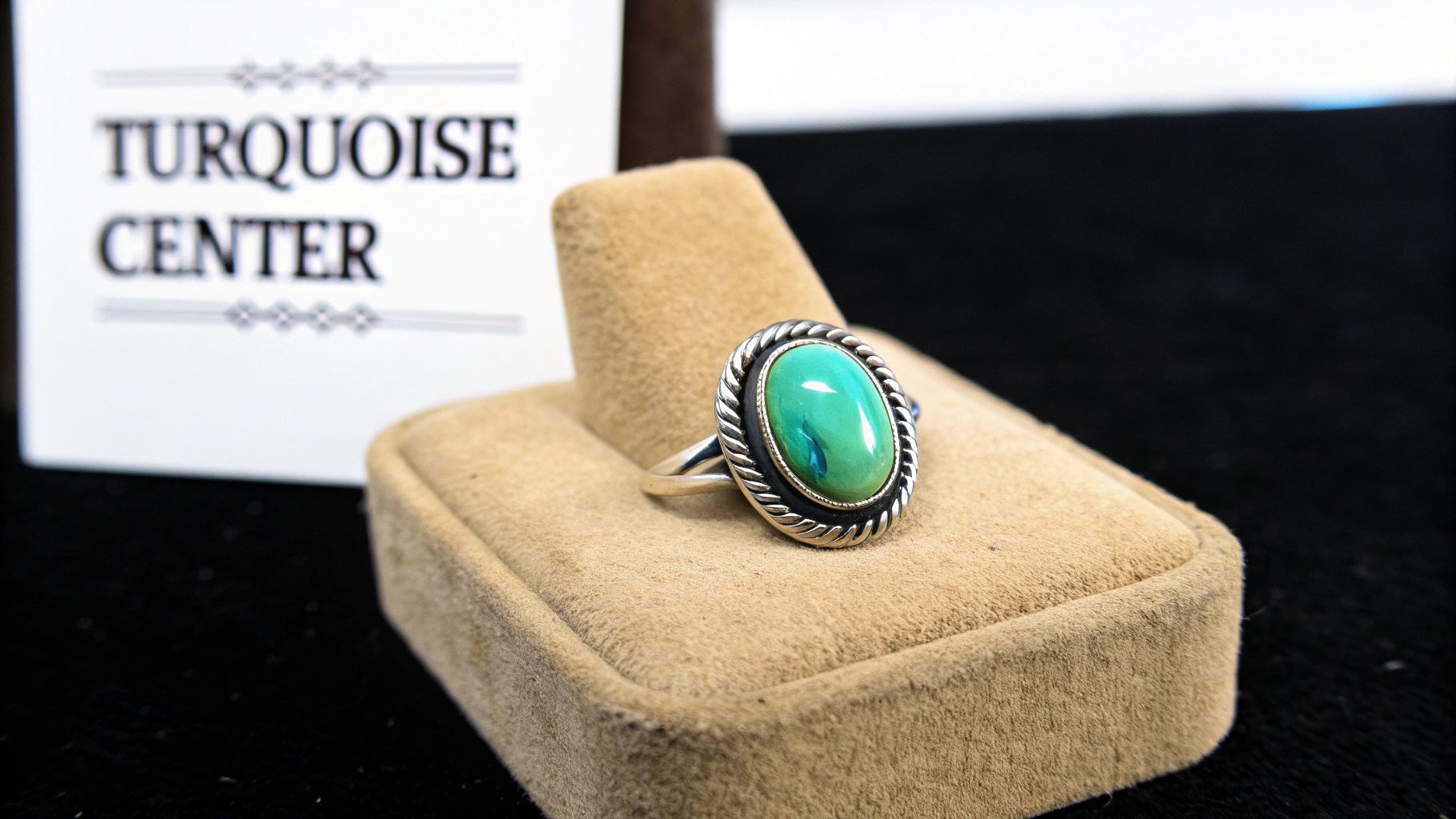 A silver ring with a vibrant green turquoise stone on a beige display, with a 'TURQUOISE CENTER' sign.