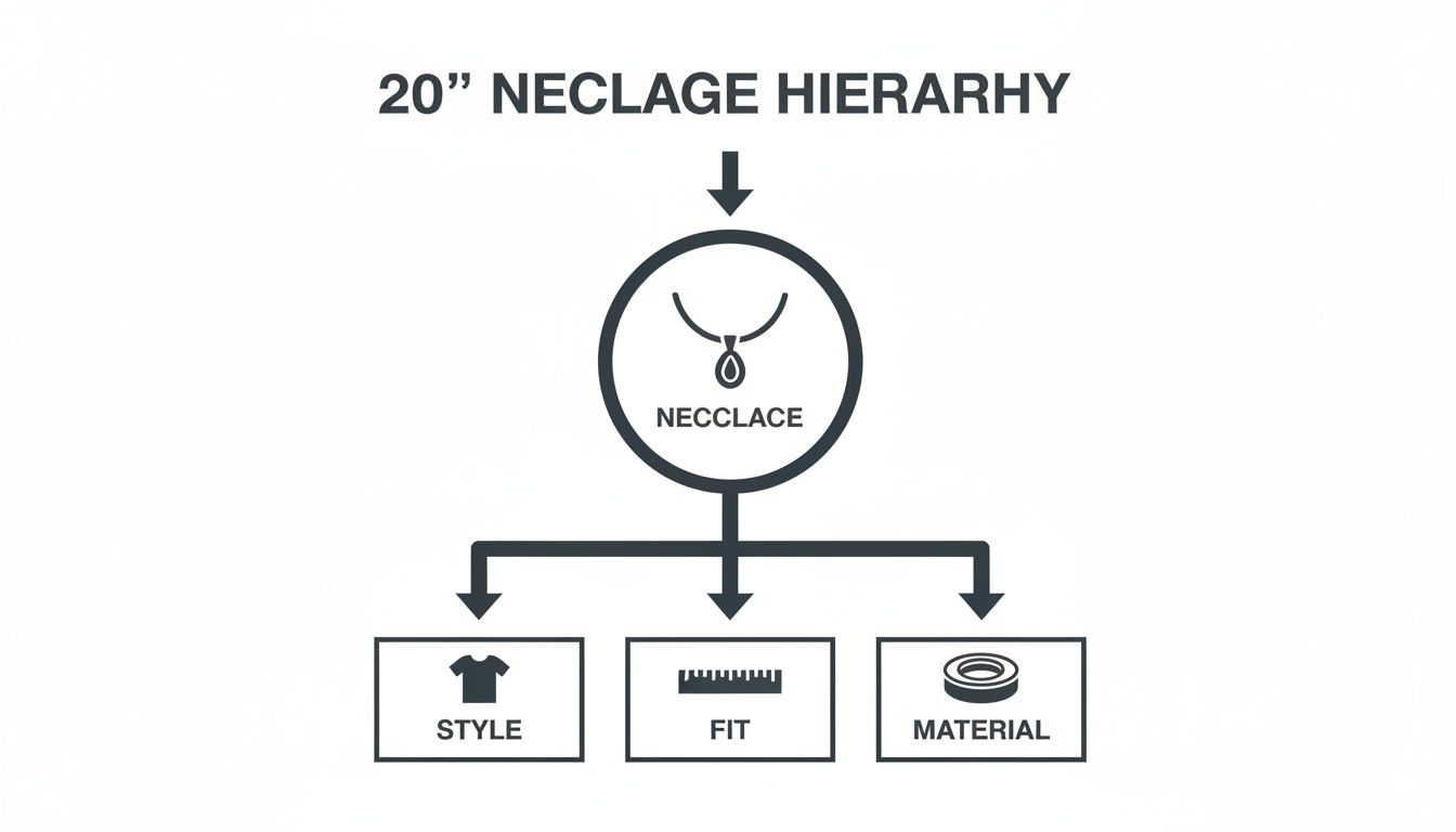 Hierarchy diagram for a 20-inch necklace, categorizing its style, fit, and material aspects.