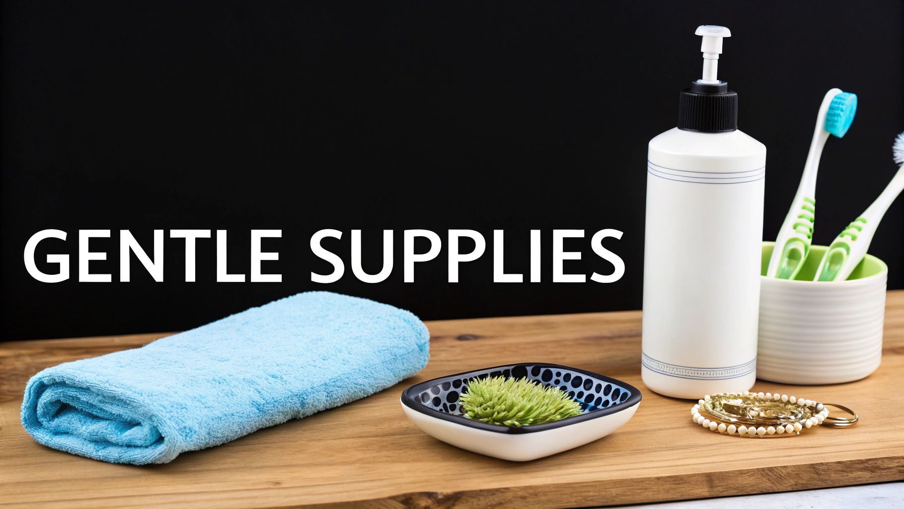 A soft cloth, a bowl of water, and a gentle brush laid out for cleaning sterling silver jewelry.