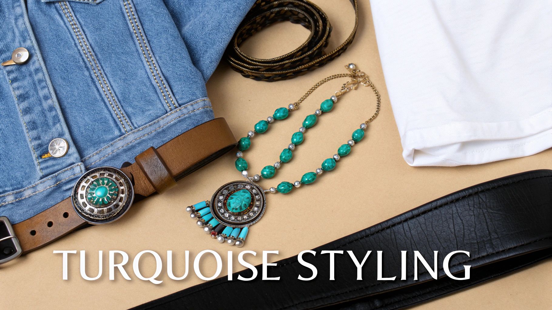 Cowgirl in turquoise layered necklaces with boho dress