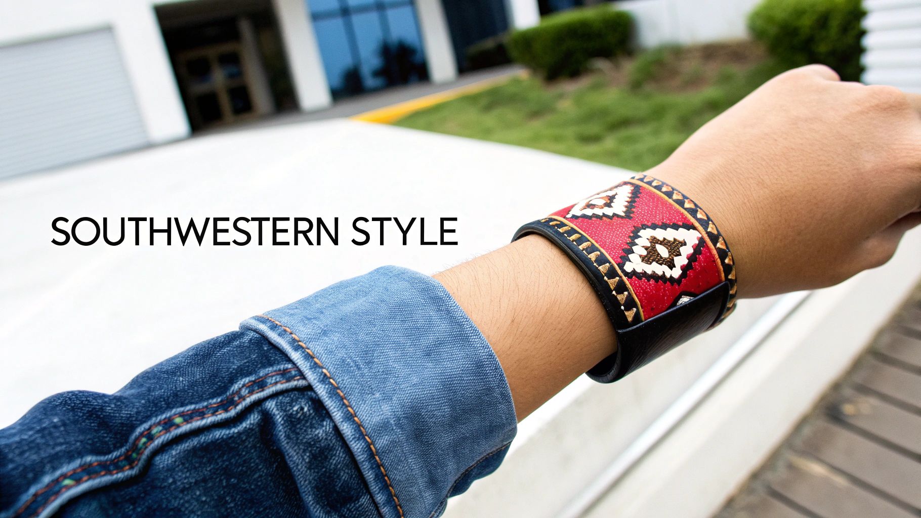 Close-up of an arm wearing a red and black Southwestern patterned cuff bracelet over a denim jacket.