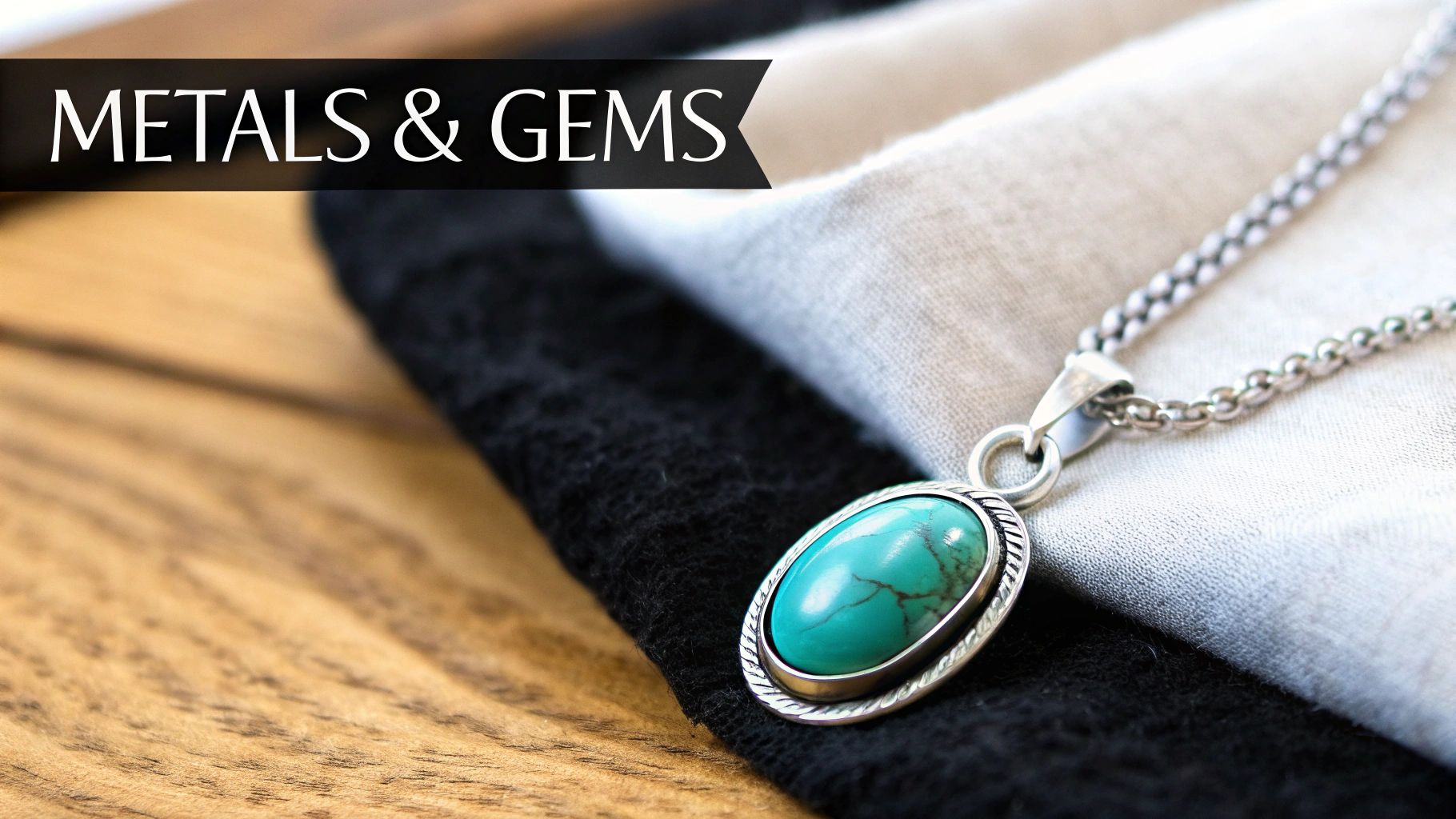 A silver necklace with an oval turquoise pendant resting on white and black fabric, over a wooden surface, with 'METALS & GEMS' banner.