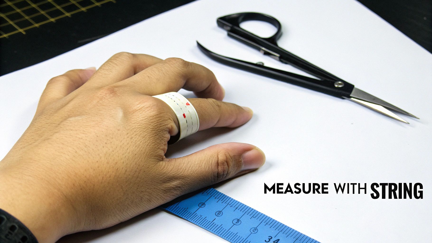 Close-up of a hand with a DIY paper ring, ruler, and scissors, demonstrating ring size measurement.