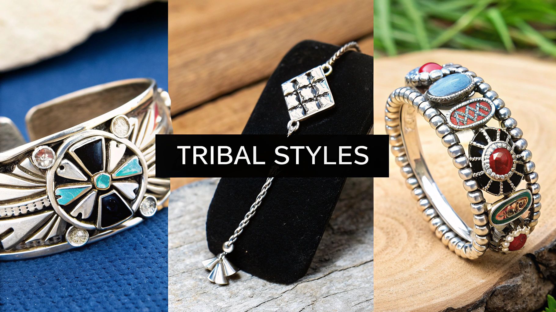 A collection of Native American jewelry showing different tribal styles, including heavy silverwork, inlay, and overlay techniques.