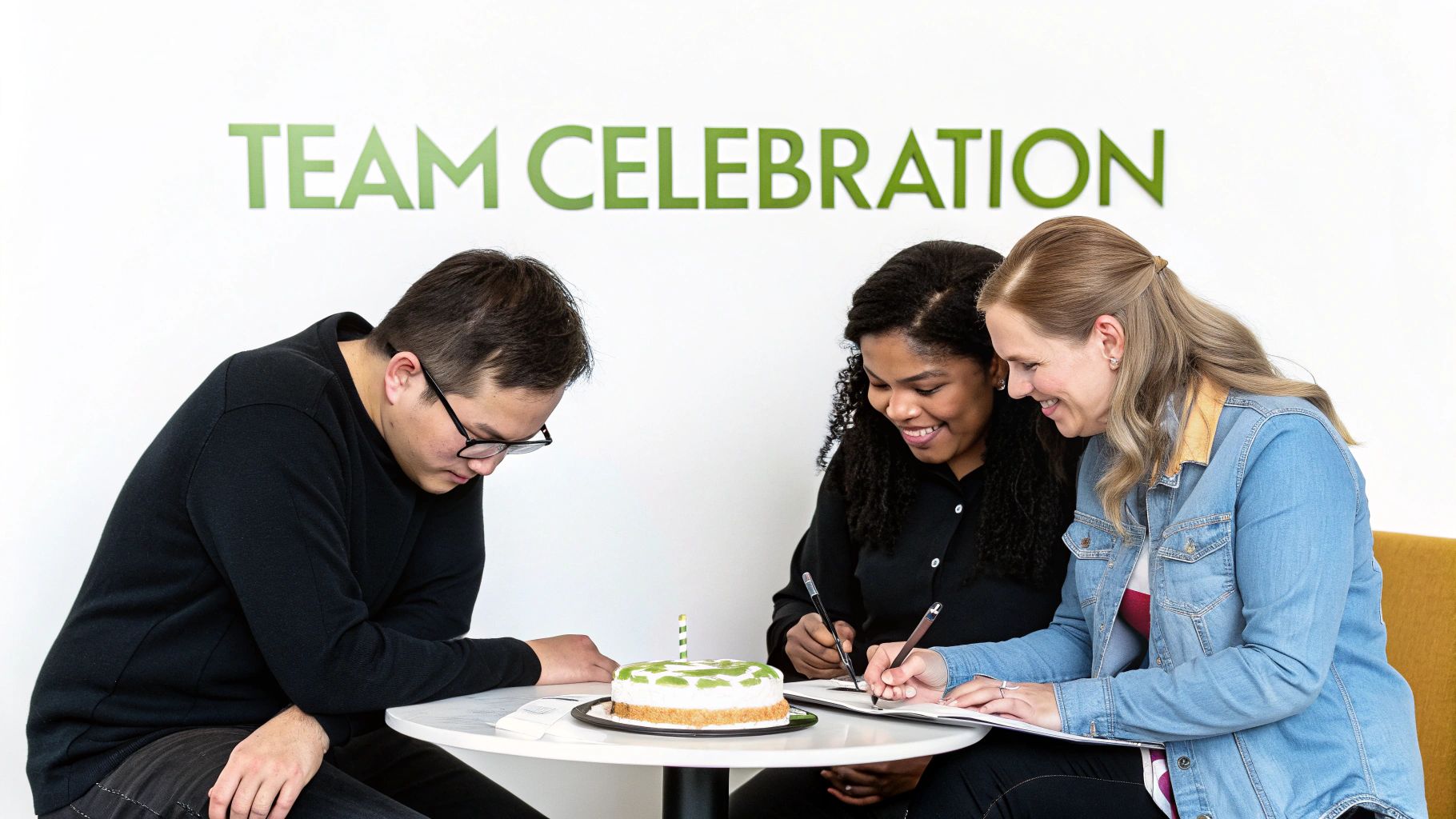 Three diverse colleagues celebrating team achievement with decorated cake while taking notes together