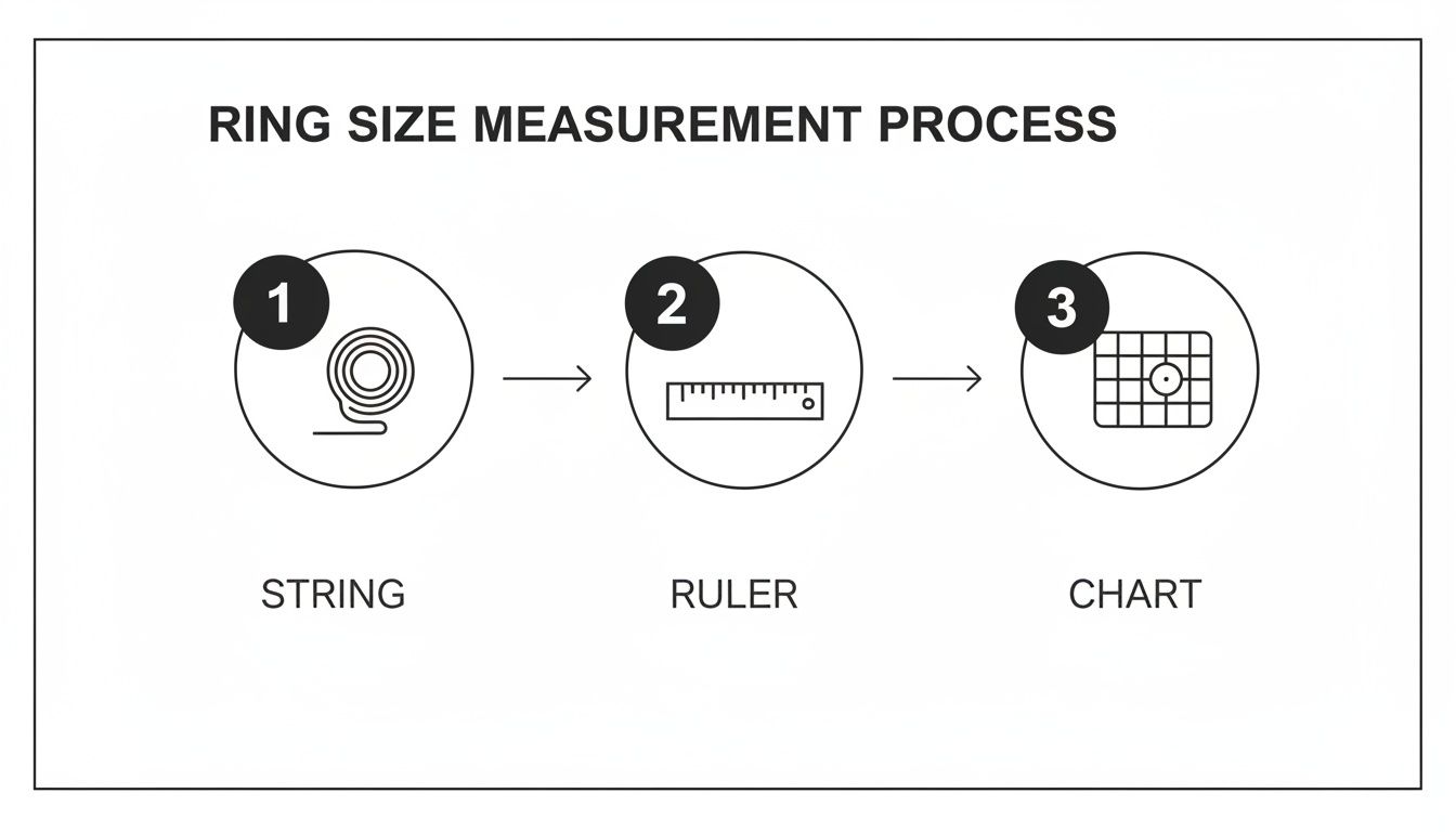 A diagram illustrating the three-step process to measure ring size using string, a ruler, and a chart.