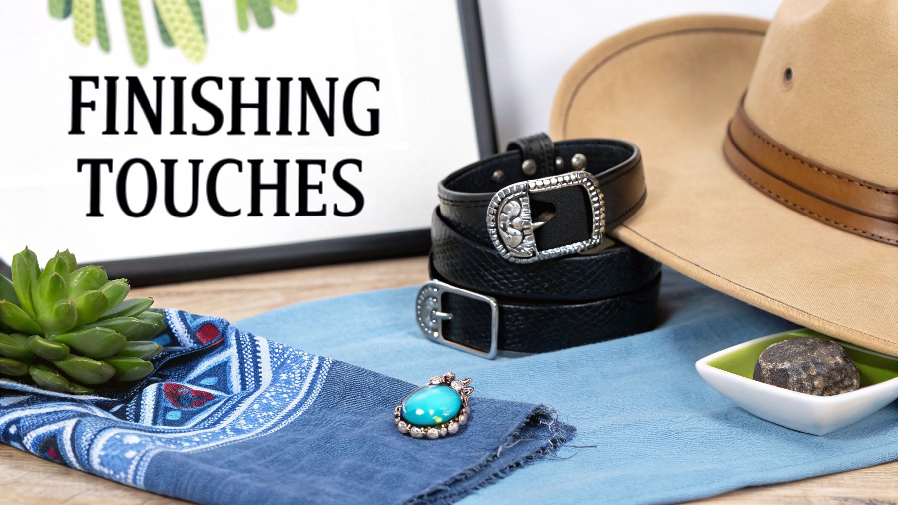 A collection of western-themed accessories including a cowboy hat, black belts, and a turquoise pendant.