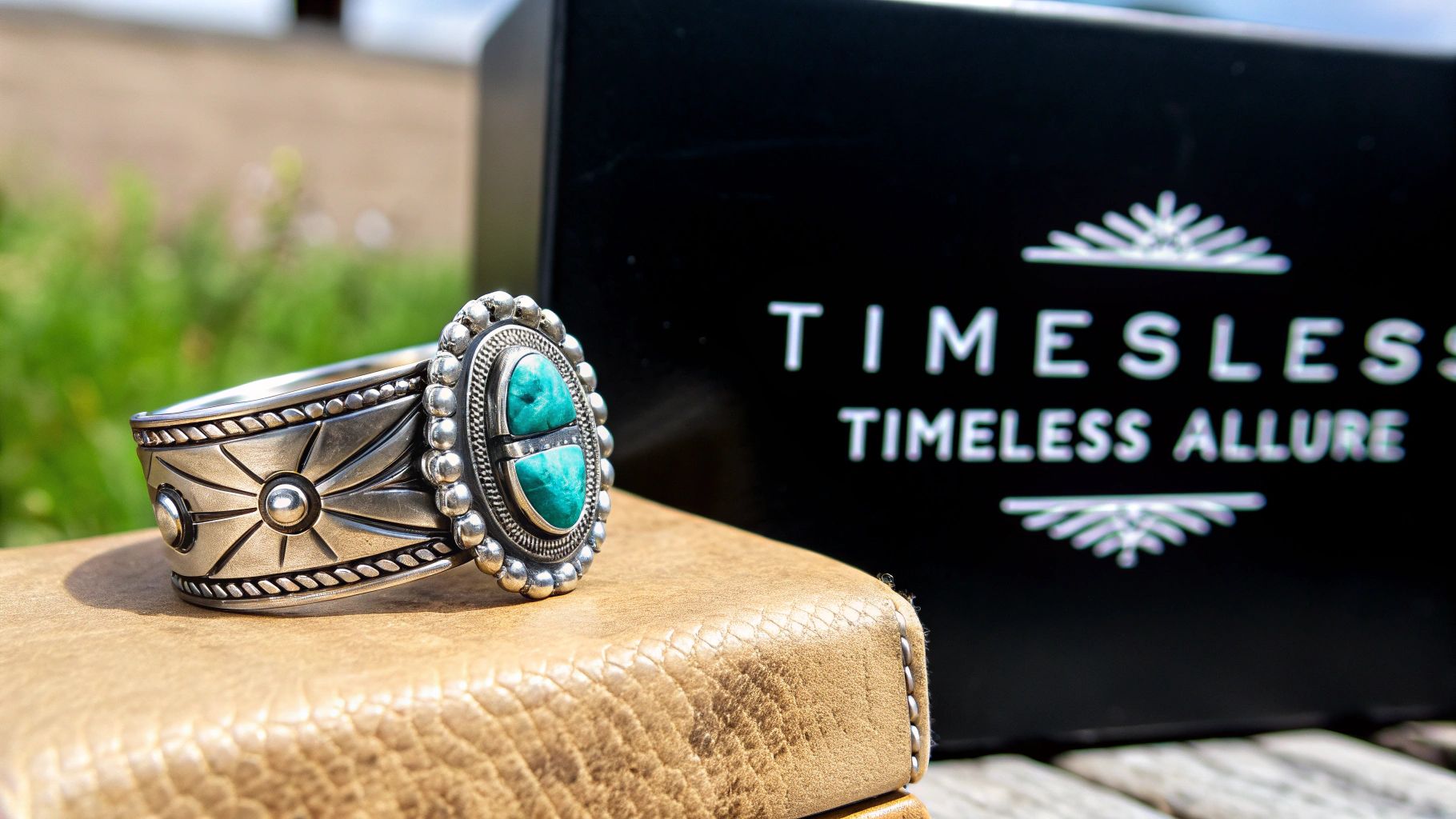 A silver Western-style cuff bracelet with two oval turquoise stones on a brown book, with a 'Timeless Allure' box.