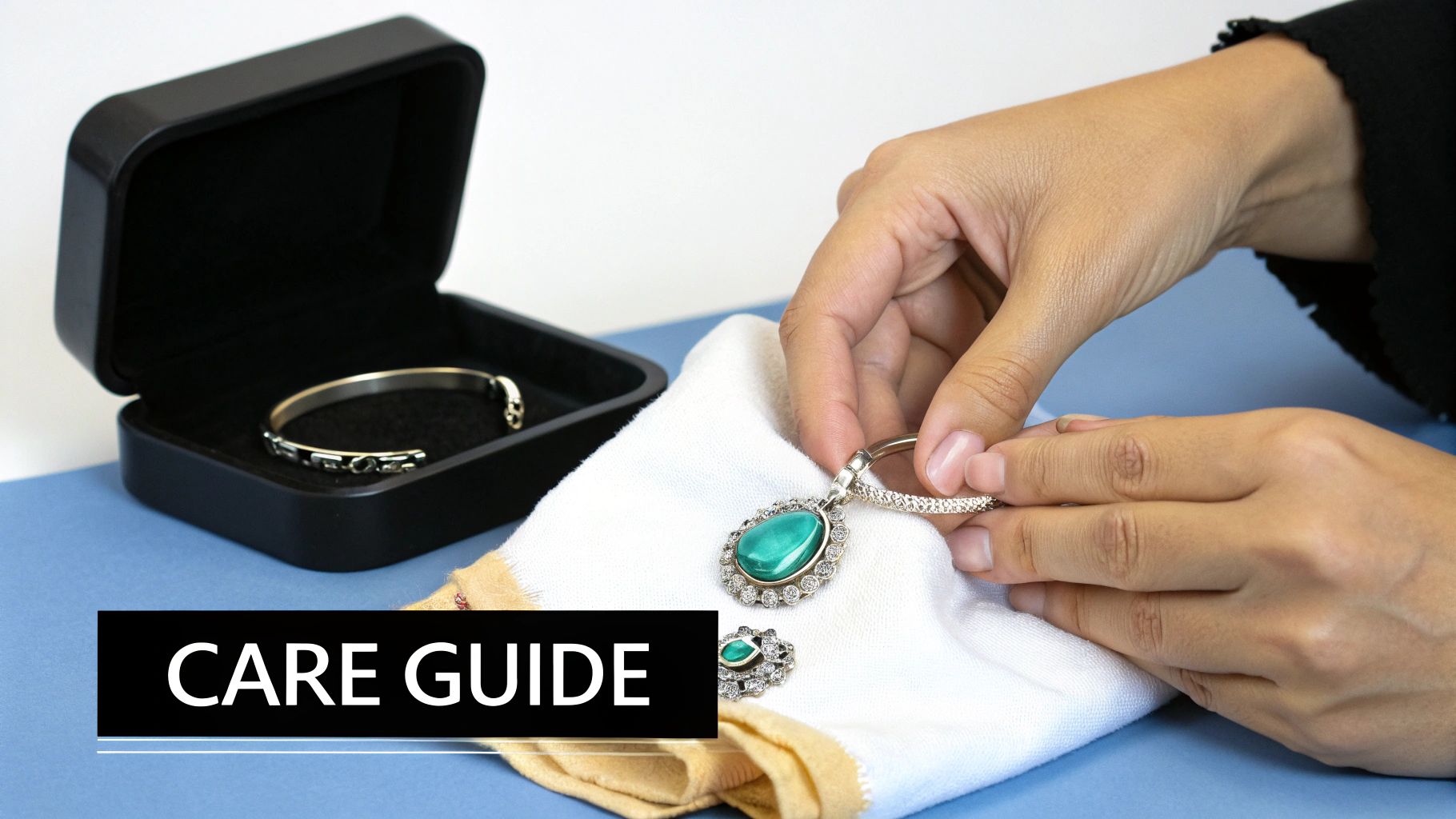 Hands polishing a teal gemstone pendant and earring on a white cloth, with a jewelry box.