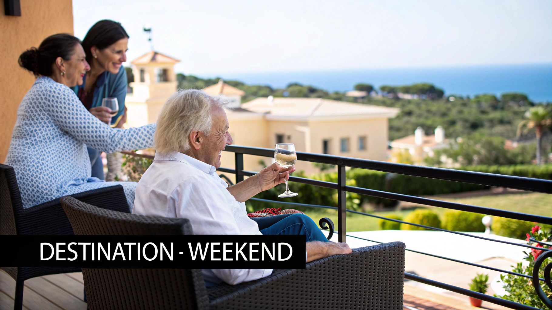 Three generations enjoying wine on scenic Mediterranean terrace overlooking coastal landscape and ocean views