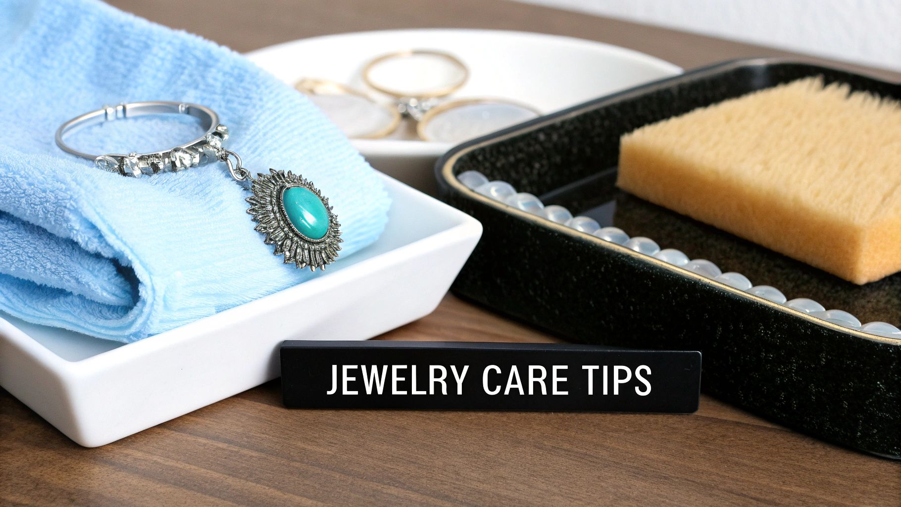 A close-up of a bracelet and pendant on a blue cloth, with a sponge and a 'jewelry care tips' sign.