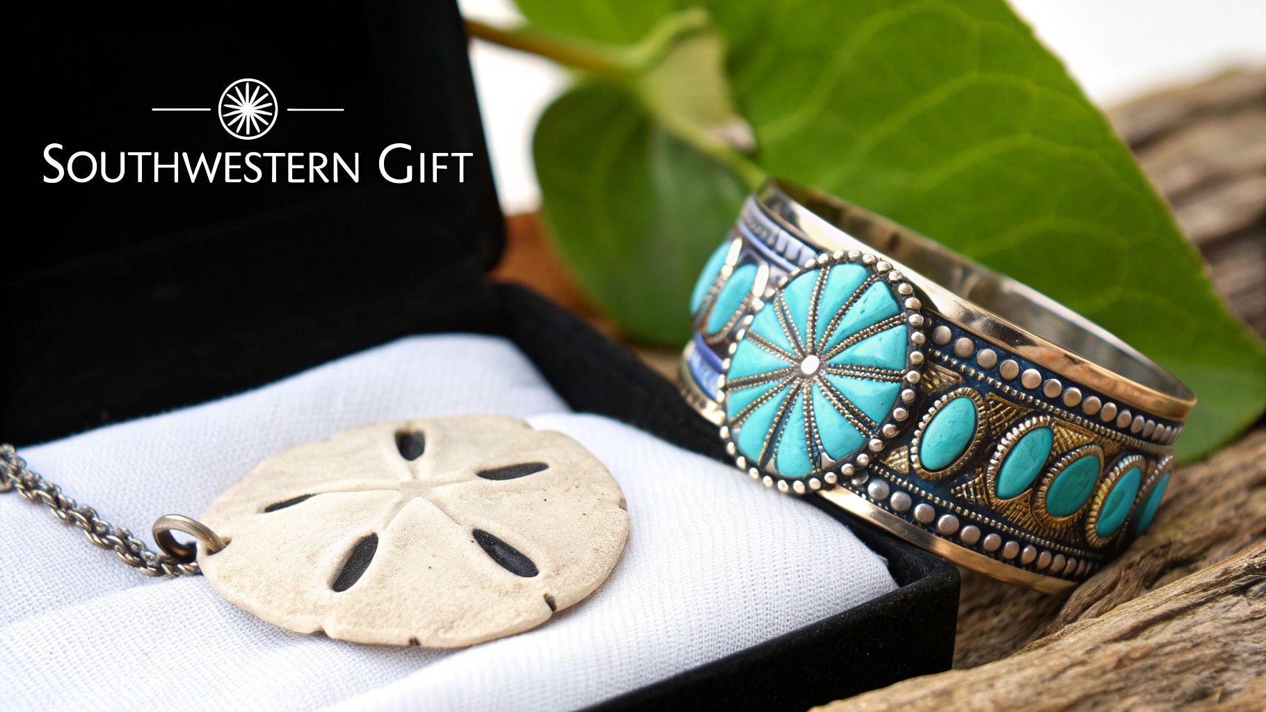 Southwestern style turquoise silver cuff bracelet and sand dollar necklace displayed on white box