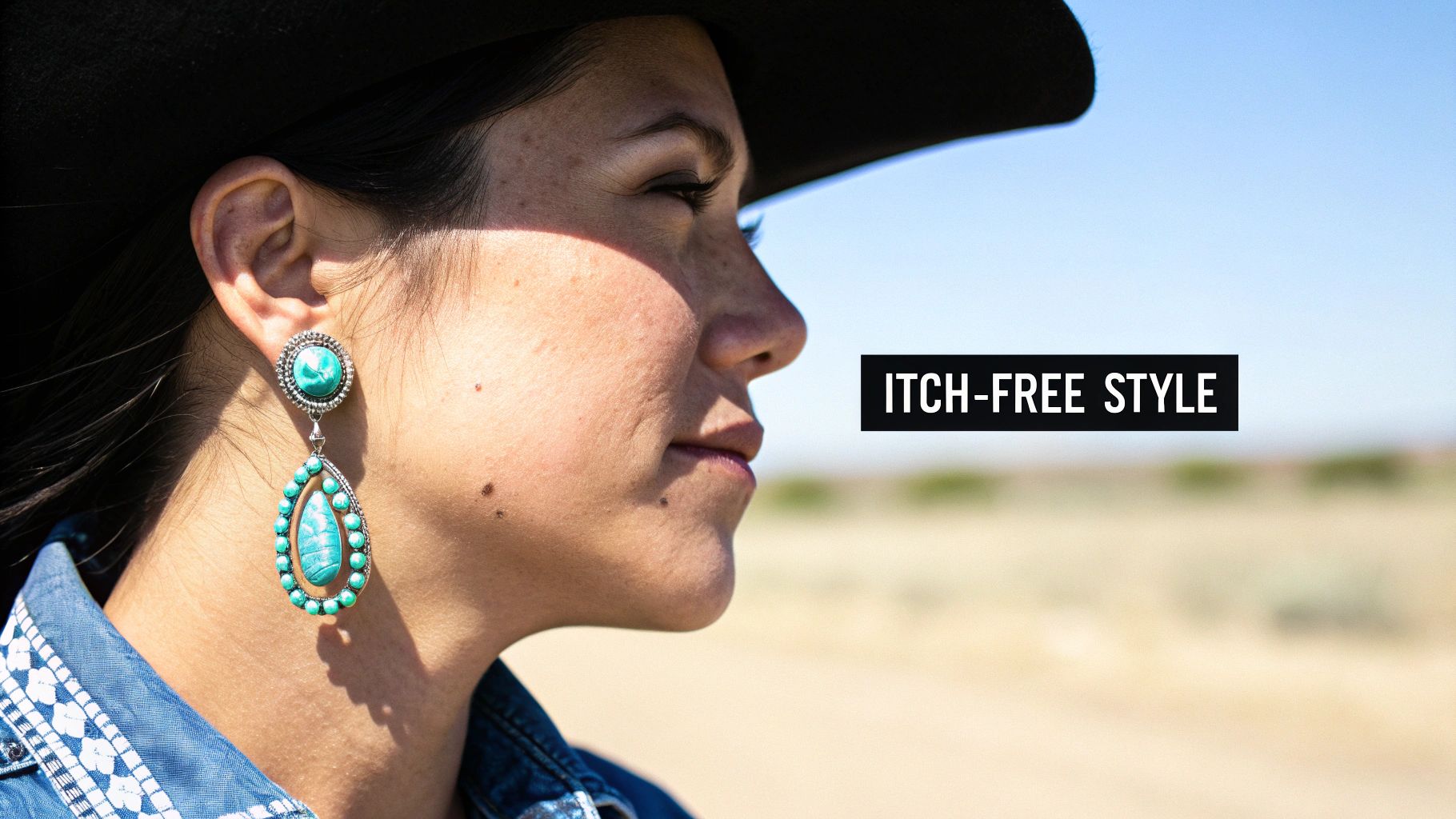 A woman in a cowboy hat wearing large turquoise dangle earrings with Western style.